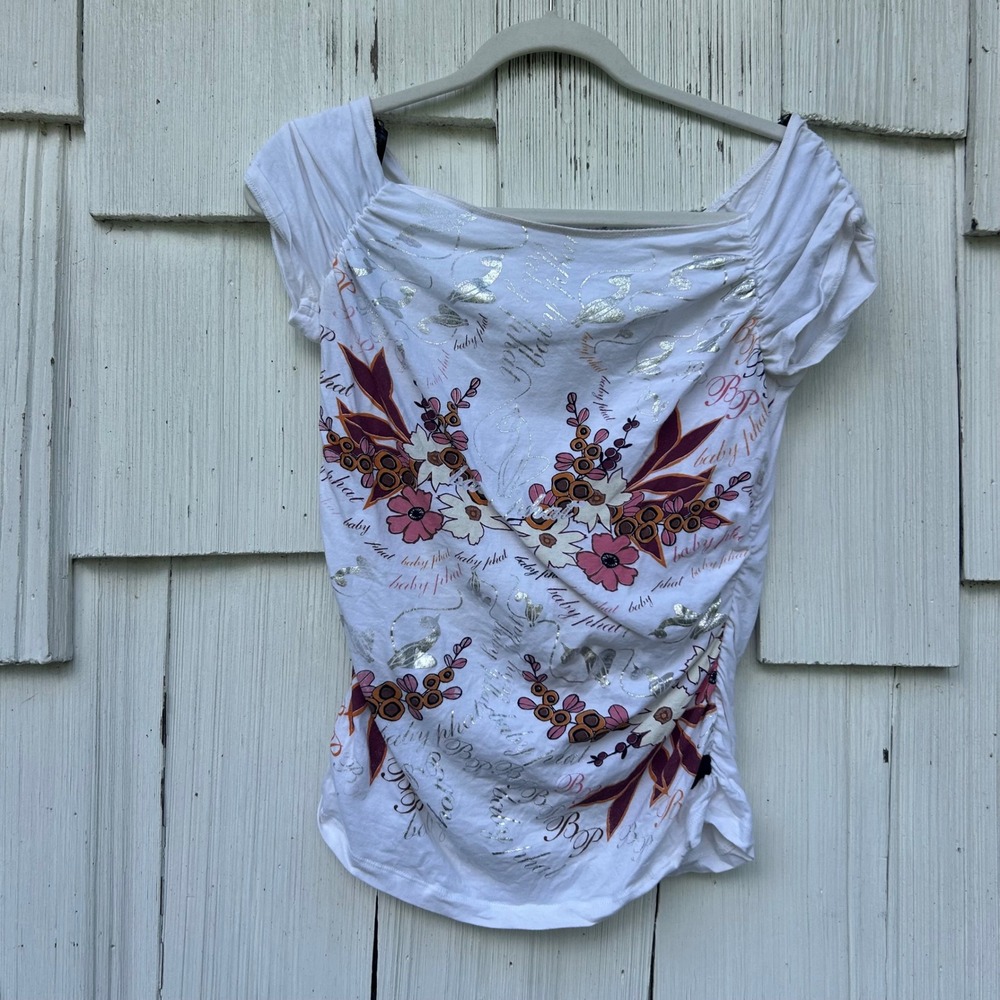 Baby Phat Y2K Ruched Graphic Tee White Floral Silver Metallic Size L K2A00222